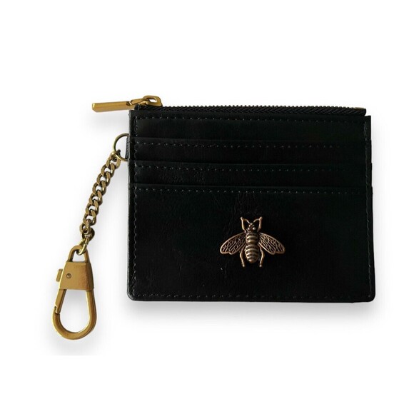 Unbranded Handbags - Small Black Wallet Cards & Coins Holder Vtg Unisex Elegant Gold Keychain Italy